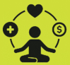 "Professional logo for 'wellbeon' featuring a meditative human figure surrounded by a heart, medical cross, and dollar sign on a vibrant yellow-green background. The brand name 'wellbeon' is written in a bold serif font, with the tagline 'Beyond Wellbeing. Towards a Healthier You' below in clean sans-serif text."
